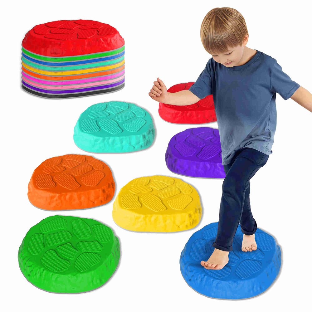 TECKMICO stepping stones 10-pack with colorful surface for balance and coordination play.