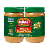 Teddie Smooth Peanut Butter 2-pack jar front showing creamy texture for quick snacks.