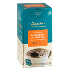 Teeccino Dandelion Caramel Nut Tea box front, caffeine-free aromatics in view