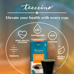 Teeccino Dandelion Caramel Nut Tea hot brew pouring into a mug