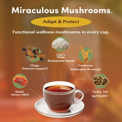 Teeccino Miraculous Mushrooms caffeine-free cup ready for hot or iced beverages.