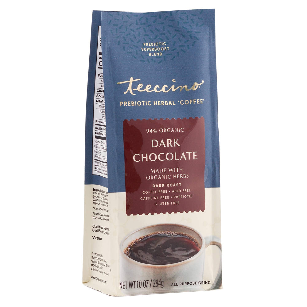 Teeccino dark chocolate prebiotic coffee alternative powder with cacao and carob notes.