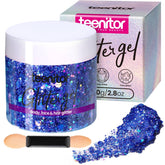 Teenitor Blue Body Glitter Gel jar showing versatile sparkle for face, hair, and skin.