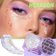 Teenitor glitter gel with hexagon shapes adds bold geometric sparkle for makeup.