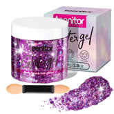 Teenitor purple body glitter gel applied to the face for a radiant festival glow