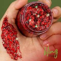 Teenitor red glitter gel on body to create a glowing look