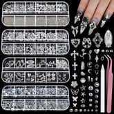Teenitor silver nail charms kit box displaying 12 shapes for luxe designs