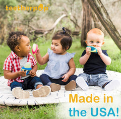 Teetherpop easy-grip teether for small hands and confident self-feeding.