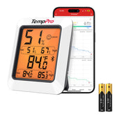 TempPro hygrometer display closeup shows current temp and humidity for quick room checks.
