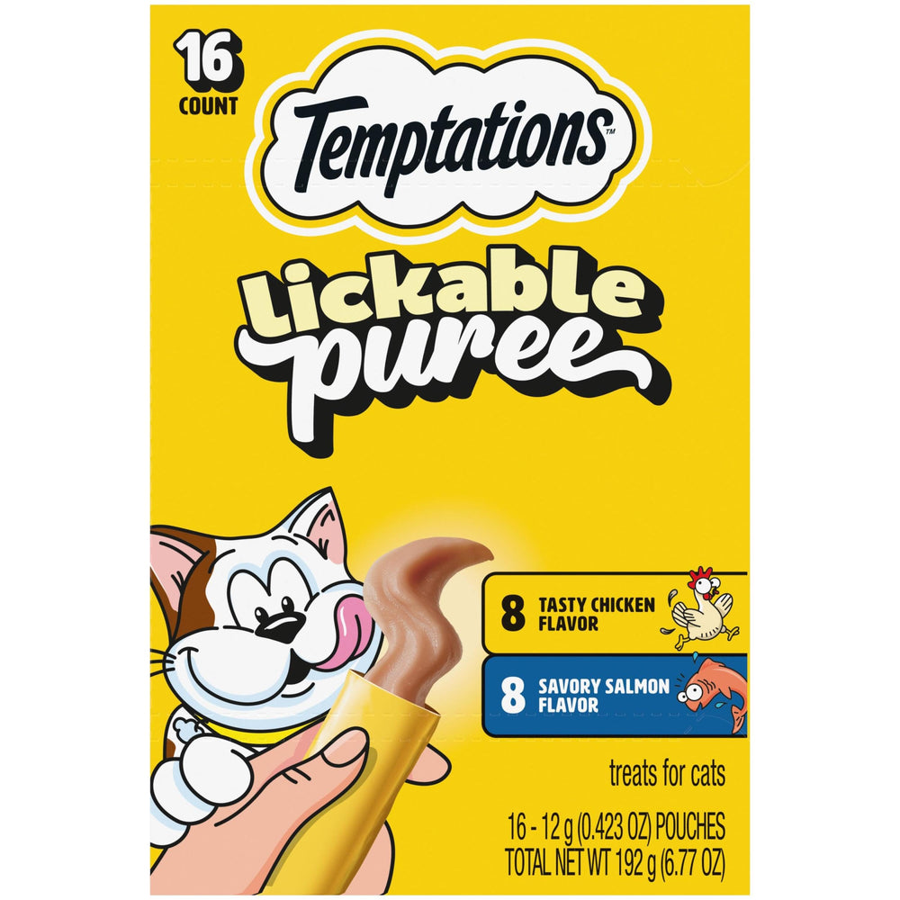 Temptations Creamy Puree salmon tube close-up for interactive feeding.