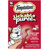 Temptations Creamy Puree Squeezable Tubes with beef liver flavor for interactive bonding.