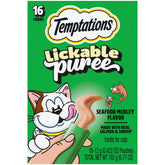 Temptations Creamy Puree tube with salmon and shrimp in convenient packaging.
