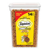 Temptations Jumbo Stuffed Cat Treats in a tub; crunchy outside, soft inside