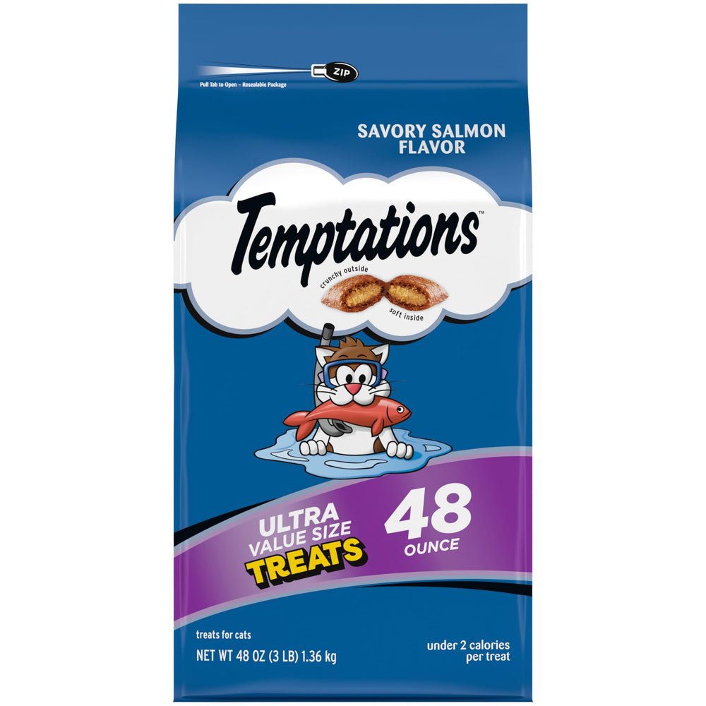 Temptations salmon cat treats with crunch outside and soft inside in a 48 oz bag.