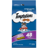 Temptations salmon cat treats with crunch outside and soft inside in a 48 oz bag.