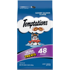 Temptations salmon cat treats with crunch outside and soft inside in a 48 oz bag.