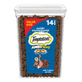 Temptations salmon flavor treats pack close-up showing crunchy exterior and soft center