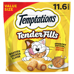 Temptations Tender Fills roasted chicken pack showing crunchy shell to entice cats