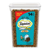 Temptations Tuna Jumbo Stuffed Treats tub front with stay-fresh seal for easy rewards.