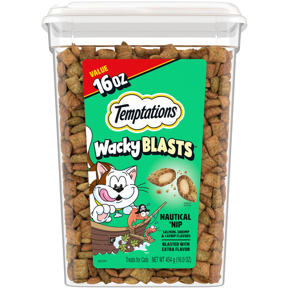 Temptations Wacky Blasts Nautical Nip bag close-up shows enticing crunch cats love.