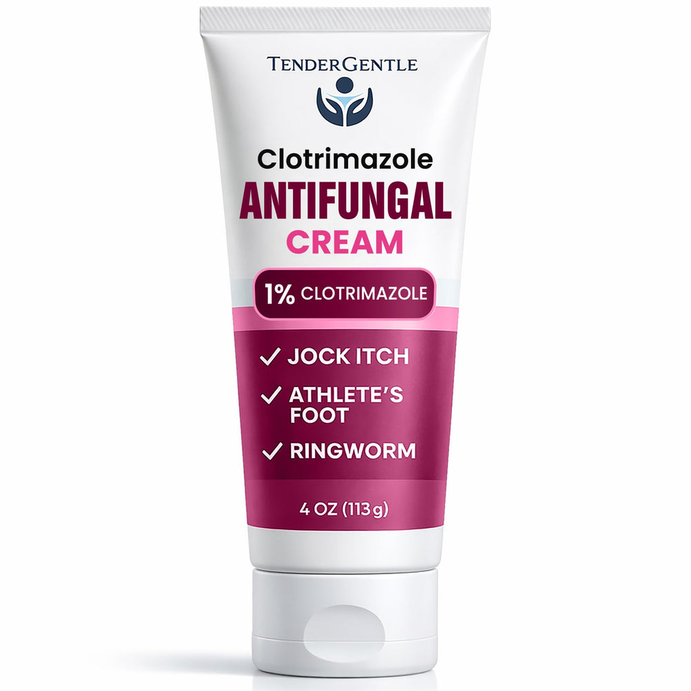 TenderGentle clotrimazole cream tube 4oz ready for quick relief of fungal skin discomfort.