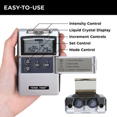 TENS 7000 control panel close-up with intuitive intensity controls