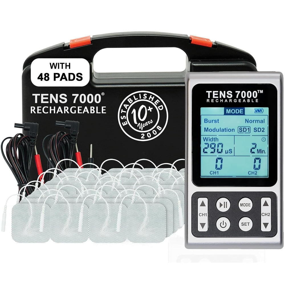 TENS 7000 rechargeable unit shown for portable pain relief