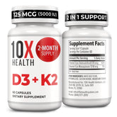 TenX Health System D3K2 bottle with label supports daily bone health