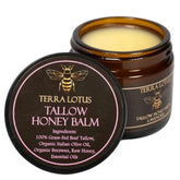 Terra Lotus Honey Tallow Balm jar close-up showing natural ingredients and lavender aroma