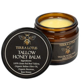 Terra Lotus honey tallow balm jar on wood for daily hydration