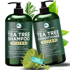 Terramed Just Think Comfort Tea Tree Shampoo Set bottles for a refreshing scalp cleanse.