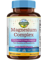 Terranics 5-in-1 Magnesium Complex bottle showing five chelated forms for broad support