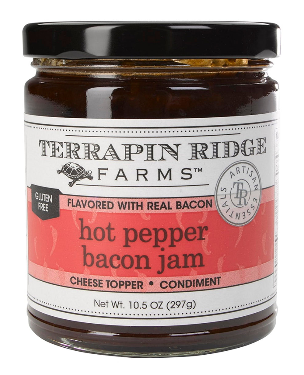 Terrapin Ridge hot pepper bacon jam jar on counter highlights bold flavor.