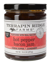 Terrapin Ridge hot pepper bacon jam jar on counter highlights bold flavor.