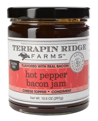 Terrapin Ridge hot pepper bacon jam jar on counter highlights bold flavor.