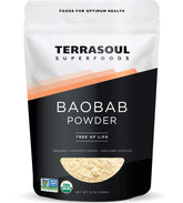 Terrasoul Baobab powder tin front highlights citrusy flavor and nutrients
