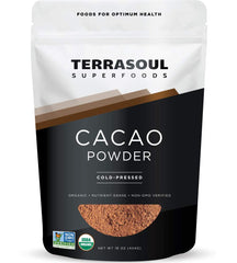 Terrasoul Superfoods cacao powder 1lb pouch close-up for baking and smoothies.
