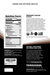 Terrasoul cacao powder bag close-up highlighting organic certification and quality.