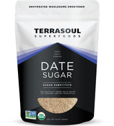 Terrasoul Date Sugar bottle showing natural sweetness for baking and beverages.