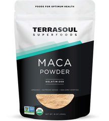 Terrasoul gelatinized maca powder bag for easy smoothie prep.