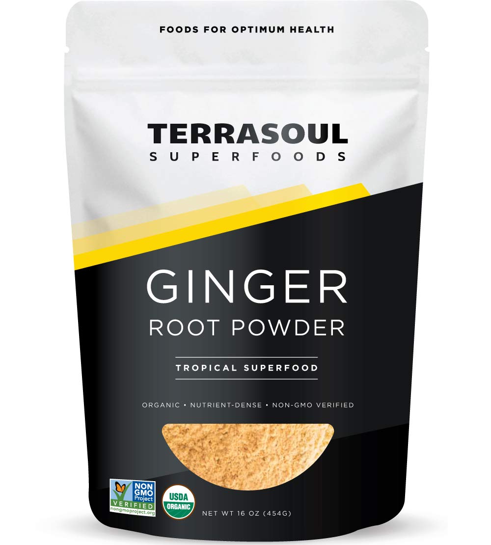 Terrasoul Ginger Powder jar closeup shows organic quality and aromatic flavor for cooking