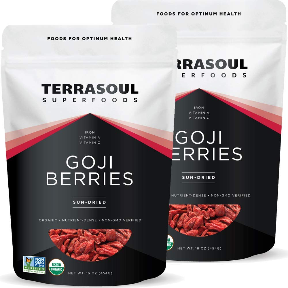 Terrasoul Goji Berries packaging with two 16-ounce pouches for easy portioning.