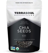 Terrasoul Organic Black Chia Seeds bag closeup showing organic quality and packaging.
