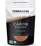 Terrasoul Organic Carob Powder 1lb canister, ideal cocoa substitute for baking.