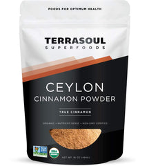 Terrasoul Organic Ceylon Cinnamon powder bottle highlighting premium aroma for baking