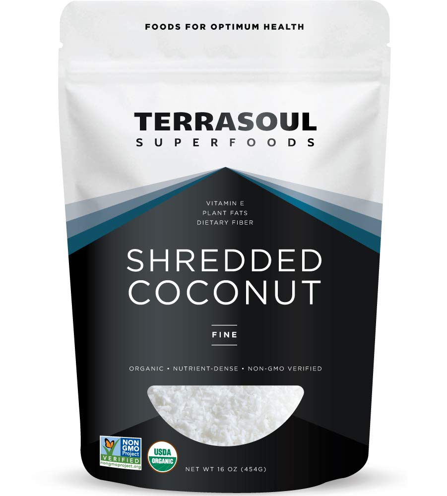 Terrasoul Organic Coconut Flakes pack with fine macaron-cut texture for baking and topping.