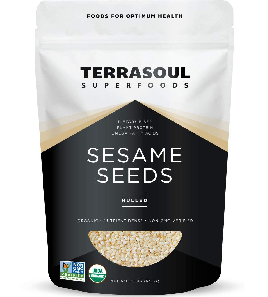 Terrasoul Organic Hulled Sesame Seeds 2 Lbs bag front view ideal for gluten-free toppings.
