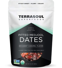 Terrasoul Organic Medjool Dates with pits removed for quick snacking and baking