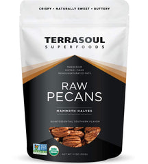 Terrasoul Organic Pecans Mammoth Halves in 11oz pouch for fresh snacking.