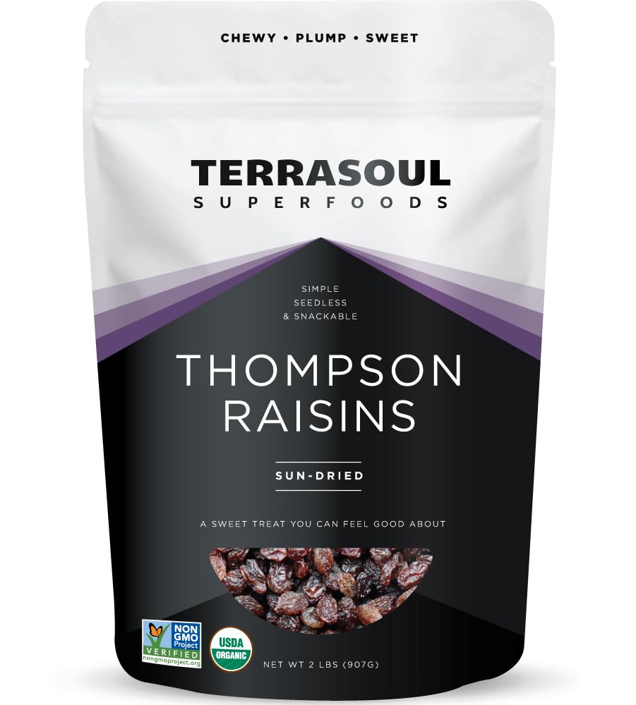 Terrasoul Organic Raisins seedless 2lb pack for a naturally sweet, convenient snack.